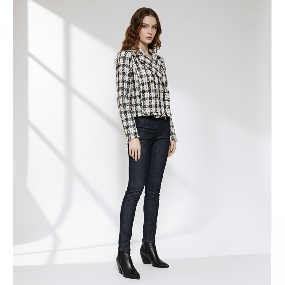 House Of Harlow 1960 Metallic Wool Blend Plaid Tweed Blazer Black White Women S